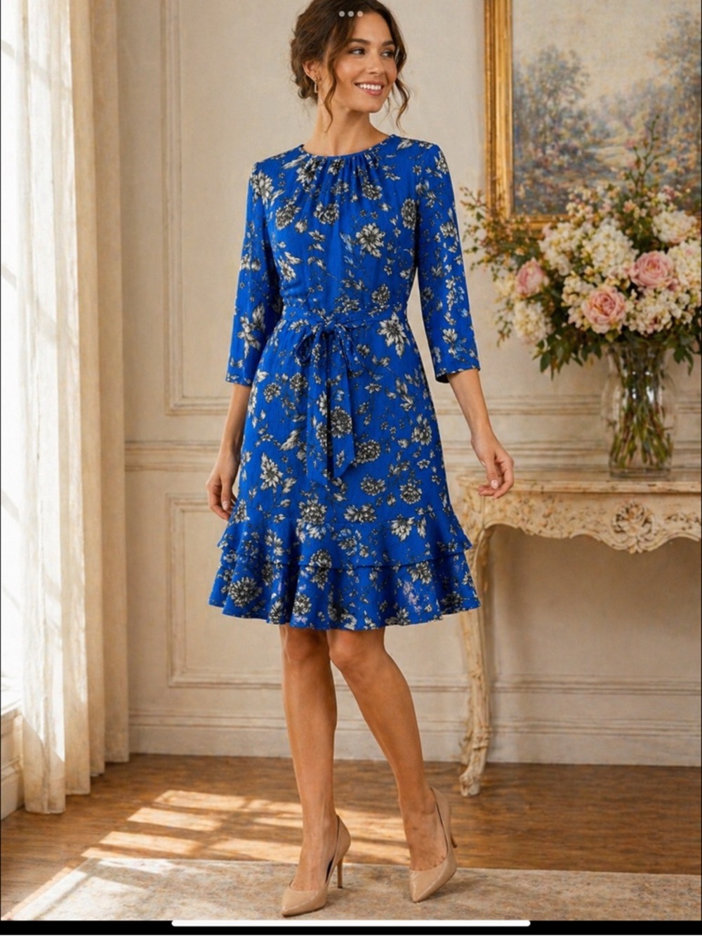Maggy London Petite Royal Blue Floral Ruffle Hem Dress NWT